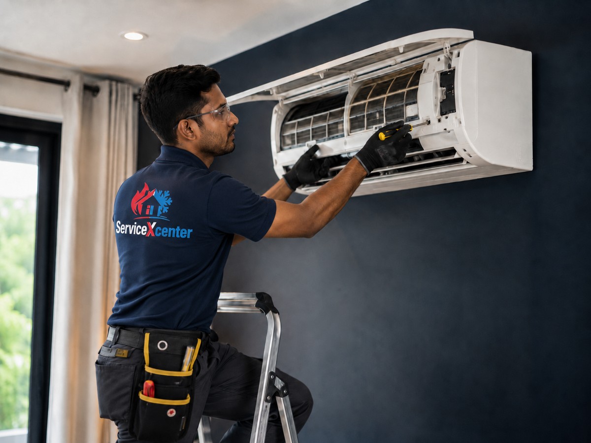 ServiceXcenter AC technician repairing split air conditioner
